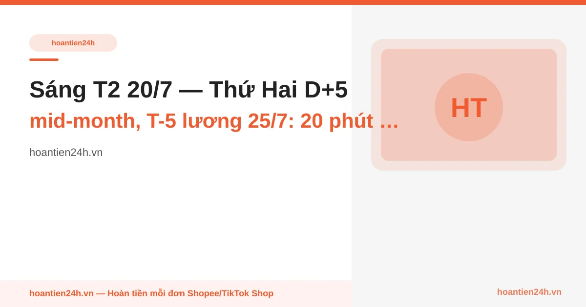 Sáng T2 20/7 — Thứ Hai D+5 mid-month, T-5 lương 25/7: 20 phút audit D+5 mở 3 tín hiệu tag CN 19/7 + mở ticket lần 2 với case dead-air