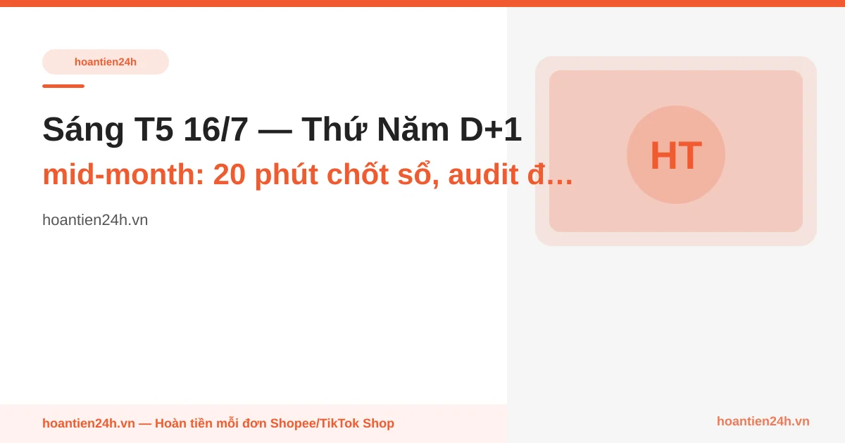 Sáng T5 16/7 — Thứ Năm D+1 mid-month: 20 phút chốt sổ, audit đơn slot 21h đêm qua + reconcile 3 dòng ledger HT24H trước arc 15 ngày cuối tháng