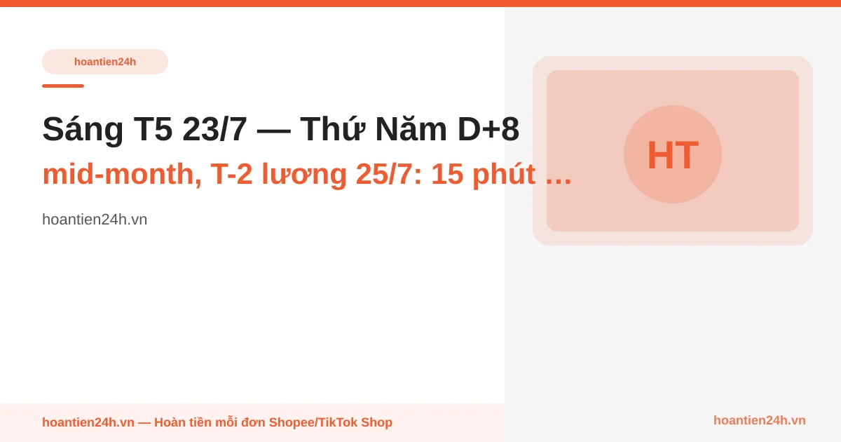 Sáng T5 23/7 — Thứ Năm D+8 mid-month, T-2 lương 25/7: 15 phút attach info HT24H ticket outcome (b) + housekeeping cart dở dang trước 8h30 payday-2