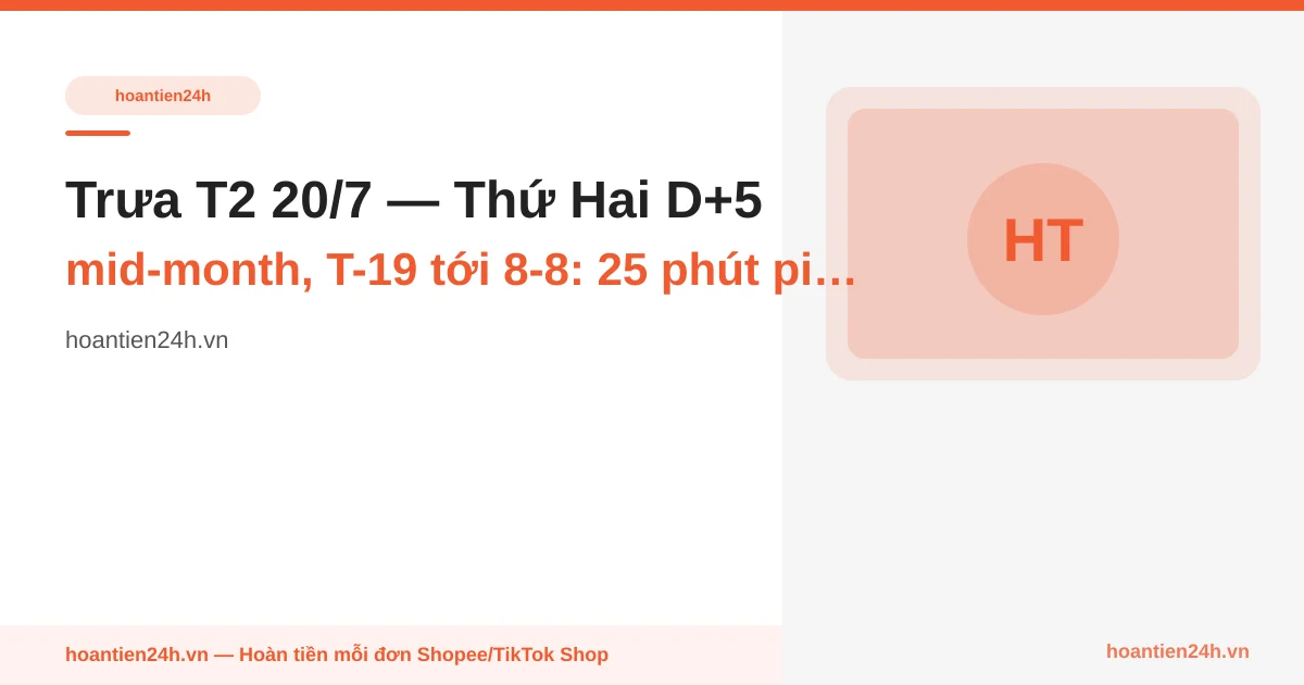 Trưa T2 20/7 — Thứ Hai D+5 mid-month, T-19 tới 8-8: 25 phút pin 3 SKU 8-8 quiet vào rổ với 3 gate cứng (shop nhóm + baseline giá net + voucher window) — zero action mua