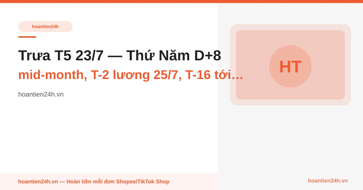 Trưa T5 23/7 — Thứ Năm D+8 mid-month, T-2 lương 25/7, T-16 tới 8-8: 25 phút reconcile ledger HT24H 3 dòng pre-payday + plan release dry-powder 10% cho sáng T7 25/7 payday morning